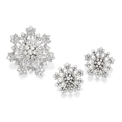 Platinum and Diamond 'Snowflake' Brooch and Earclips, Van Cleef &amp;amp; Arpels