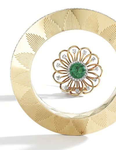 GOLD, PLATINUM, EMERALD AND DIAMOND BRACELET-CLIP BROOCH COMBINATION, VAN CLEEF &amp;amp; ARPELS