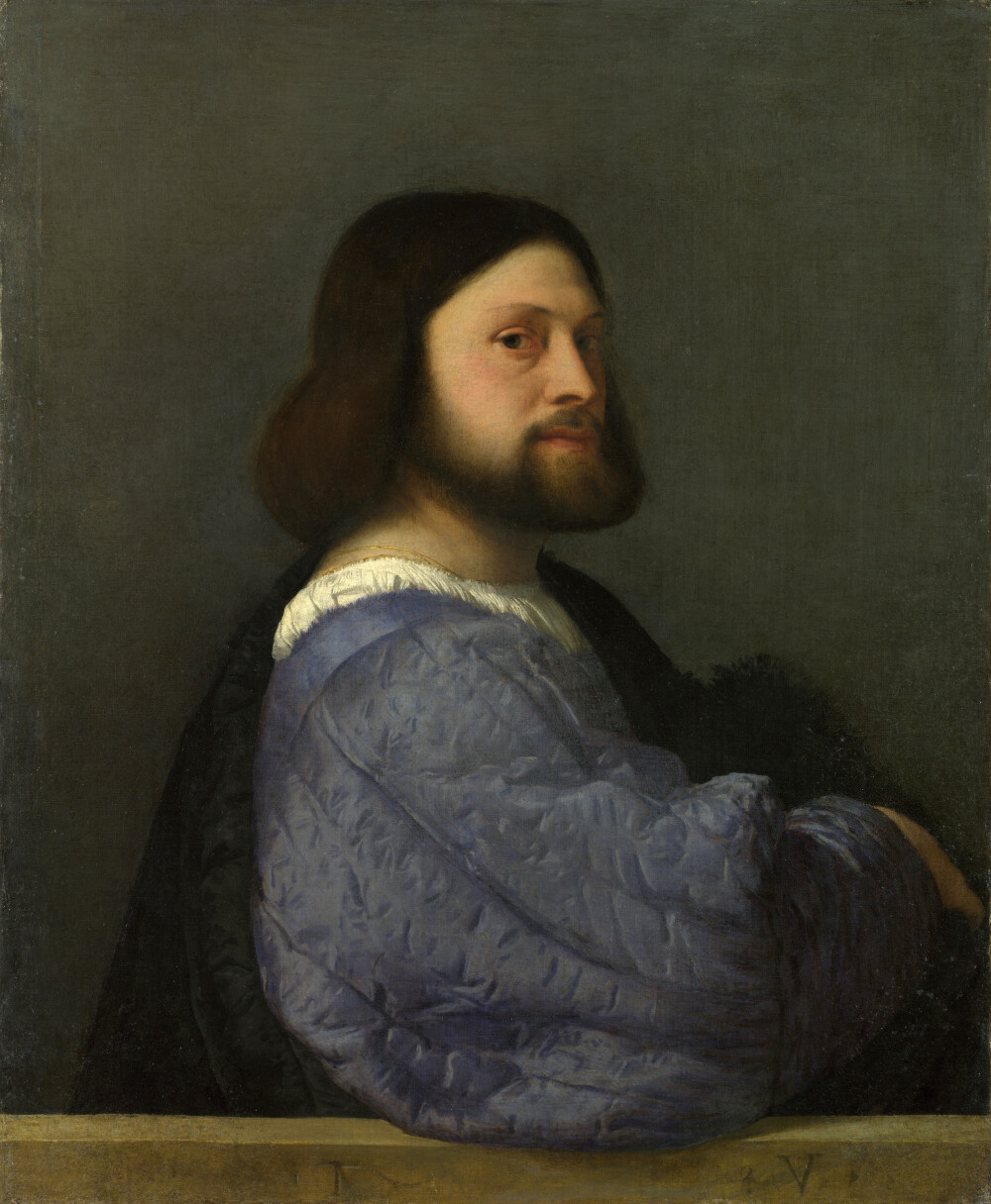 (大图)A Man with a Quilted Sleeve// Titian// Year c. 1509[1] // oil on canvas //81.2 cm × 66.3 cm (32.0 in × 26.1 in)// Location National Gallery, London