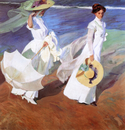 海边漫步 Paseo a la orillas del mar, 1909 爱妻与小女在家乡Valencia海边悠闲漫步，看到它的一瞬间有种似曾相识的感觉