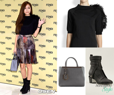 Fendi: Fur-Trimmed Knit Top @ saksfifthavenue.com $1250 Medium ’2Jours’ Tote @ farfetch.com $1974 ‘Diana’ boots @ farfetch.com $1382