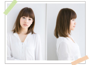 style 1 　　适合的脸型：鹅蛋脸、瓜子脸、小脸、长脸 　　圆润的齐刘海搭配中长直发造型，有很好的修颜效果，而且十分的清新，很有范。