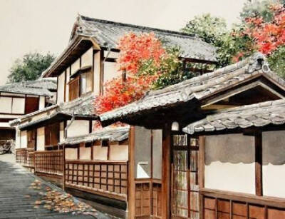 日系 建筑 秋景 红叶