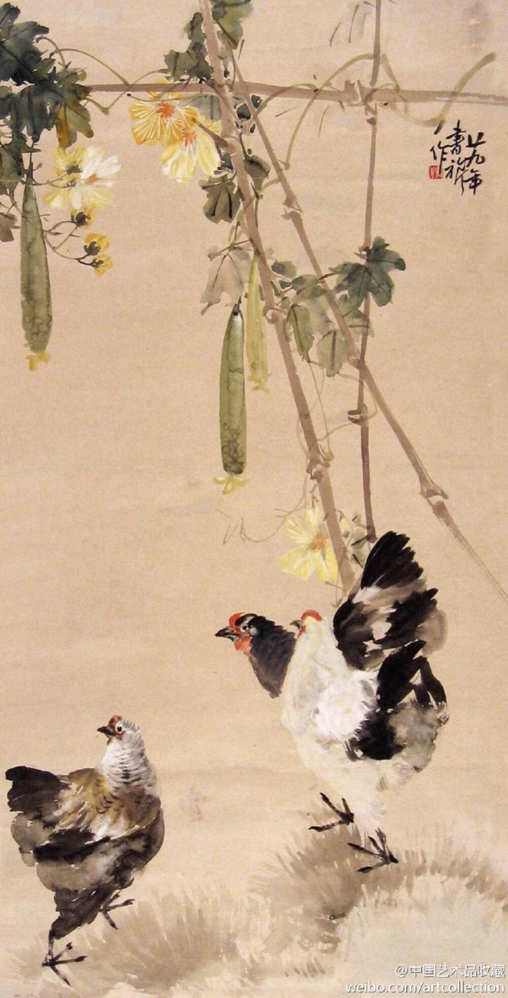 #写意画#【 张书旂 《花鸟图》 】张书旂（1900-1957）的花鸟画，继承了中国画以形写神的传统创作方法。张书旂觉得师古人、师前人莫如师自然更生动。他每于清晨薄暮，蹲身秘处，窥视鸟儿之神态，故所作花鸟画，纯从写生中得来，动作的自然，色彩的正确，乃在写生之外，另有观察的工夫和心中意会的结果。