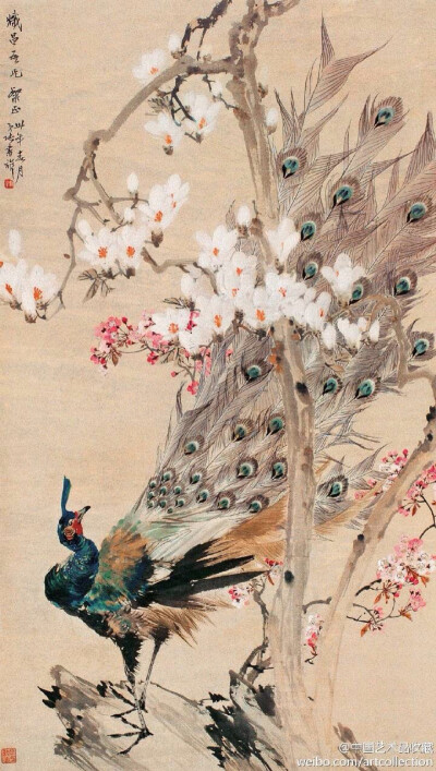 #写意画#【 张书旂 《花鸟图》 】张书旂（1900-1957）的花鸟画，继承了中国画以形写神的传统创作方法。张书旂觉得师古人、师前人莫如师自然更生动。他每于清晨薄暮，蹲身秘处，窥视鸟儿之神态，故所作花鸟画，纯从写…