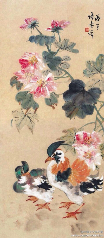 #写意画#【 张书旂 《花鸟图》 】张书旂（1900-1957）的花鸟画，继承了中国画以形写神的传统创作方法。张书旂觉得师古人、师前人莫如师自然更生动。他每于清晨薄暮，蹲身秘处，窥视鸟儿之神态，故所作花鸟画，纯从写…