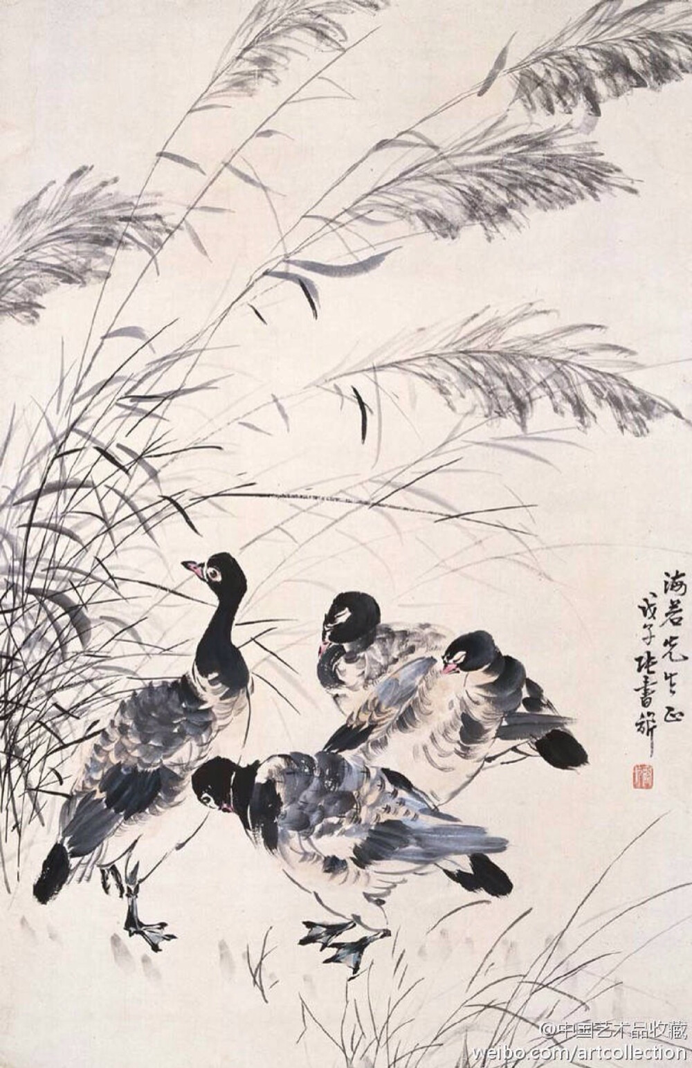 #写意画#【 张书旂 《花鸟图》 】张书旂（1900-1957）的花鸟画，继承了中国画以形写神的传统创作方法。张书旂觉得师古人、师前人莫如师自然更生动。他每于清晨薄暮，蹲身秘处，窥视鸟儿之神态，故所作花鸟画，纯从写生中得来，动作的自然，色彩的正确，乃在写生之外，另有观察的工夫和心中意会的结果。