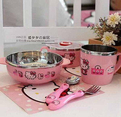 HELLO KITTY 卡通儿童餐具 叮当不锈钢碗勺套装 KT儿童餐具6件套