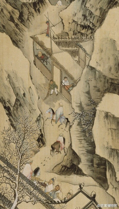 #徐显卿宦迹图#16.冲雪还朝——万历十年（1582）徐显卿假满，从陆路回京，画中描绘的是京师城外馆驿前的场景。山中白雪皑皑，徐显卿戴着暖耳风领坐在轿内，前方有从人骑马开道，驿舍墙外有鼓吹奏乐，驿中官吏身穿青…