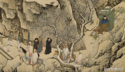 #徐显卿宦迹图#16.冲雪还朝——万历十年（1582）徐显卿假满，从陆路回京，画中描绘的是京师城外馆驿前的场景。山中白雪皑皑，徐显卿戴着暖耳风领坐在轿内，前方有从人骑马开道，驿舍墙外有鼓吹奏乐，驿中官吏身穿青素圆领候立道旁。山间有茅屋酒肆，远处可见京师城墙与楼台宫阙。