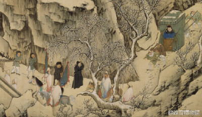 #徐显卿宦迹图#16.冲雪还朝——万历十年（1582）徐显卿假满，从陆路回京，画中描绘的是京师城外馆驿前的场景。山中白雪皑皑，徐显卿戴着暖耳风领坐在轿内，前方有从人骑马开道，驿舍墙外有鼓吹奏乐，驿中官吏身穿青…