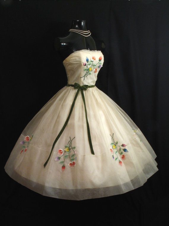 ~1950s Strapless Ivory Silk Embroidered Floral Applique Chiffon Organza Party Prom Wedding Dress~