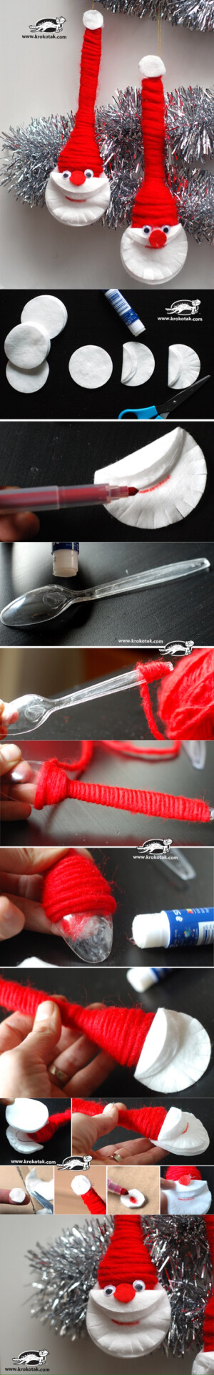 圣诞老人挂饰，材料：化妆棉、塑料勺子