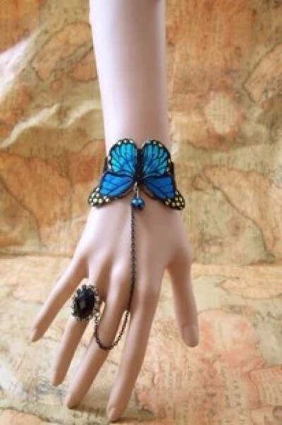 DIY 复古蕾丝 手链 腕带 惊艳蝴蝶 水晶 戒指 套装 蓝色妖姬