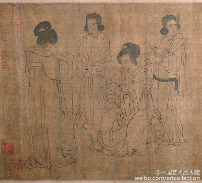 #白描#【 五代 周文矩 《唐宫春晓图》 】卷，绢本，26×146.7cm，美国大都会艺术博物馆藏。《宫女图》之一，此卷为南宋摹本，1947年左右流出海外。现在分为了三段，分藏于大都会博物馆（名唐宫春晓图）、哈佛大学福格…