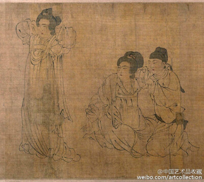 #白描#【 五代 周文矩 《唐宫春晓图》 】卷，绢本，26×146.7cm，美国大都会艺术博物馆藏。《宫女图》之一，此卷为南宋摹本，1947年左右流出海外。现在分为了三段，分藏于大都会博物馆（名唐宫春晓图）、哈佛大学福格…