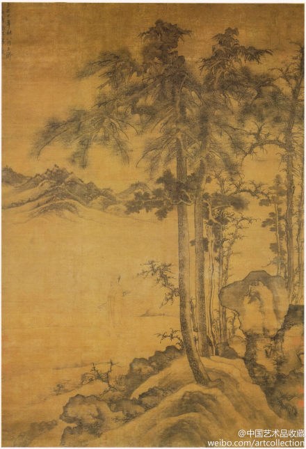 #山水画#【 元 唐棣 《携琴远眺图》 】绢本设色，157.6×111cm，四川省博物馆藏。 画中远山静卧，近处峻石崚立，松木挺拔，一高士携琴缓步松荫之下，淡然远望，尽显文人孤傲之气。画风从郭熙一派变出。构图静中寓动，笔法圆润古雅。