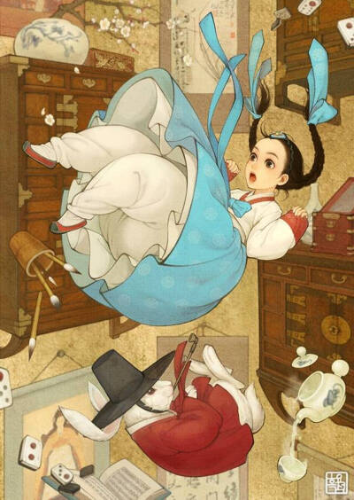 韩国一位插画师将西方童话人物画风转变成韩国古代画风，简直太棒了，画风真是棒极了！！