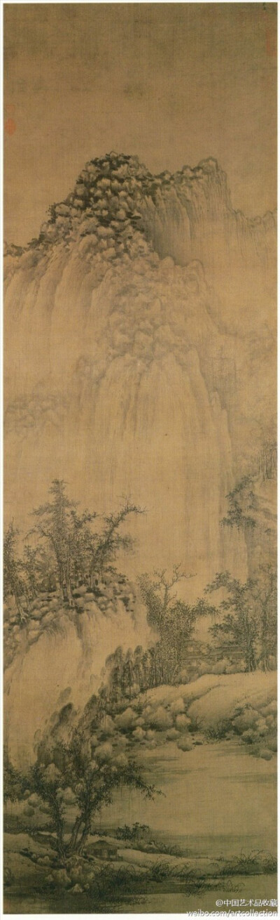 #水墨画#【 五代 巨然 《溪山兰若图》 】轴，绢本，185.4×57.6cm，美国克利夫兰博物馆藏。 此图高耸云表的山峦雄居于画幅上部，山头布有矾头状的卵石，犹是巨然本色，下部冈阜林木葱郁，掩隐楼阁屋宇，前部有坡岸溪…