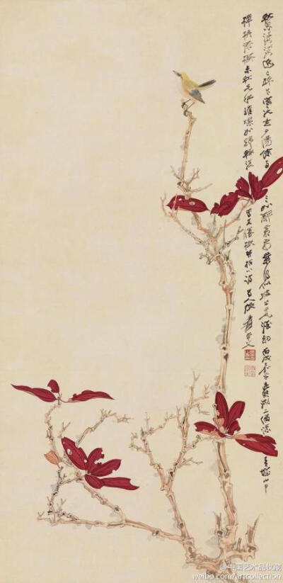 #花鸟画#【 张大千 《红叶幽禽》 】立轴，纸本设色，95×46.5cm，1946年作。 题识：“秋思婆娑近已疏，乍寒况是夕阳余。两三如醉霜前叶，得似坡公觅酒初。丙戌嘉平，昆明湖上偶忆青城山中樟柟漆树未秋先红，璀灿如锦…