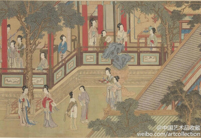 #工笔画#【 明 仇英 《汉宫春晓图》 】卷，绢本，36.2×454.4cm，克利夫兰美术馆藏。 此卷以汉代宫廷为题，描绘后宫佳丽百态。图中勾勒秀劲而设色妍雅，画家借皇家园林殿宇之盛，以极其华丽的笔墨表现出宫中嫔妃的日…