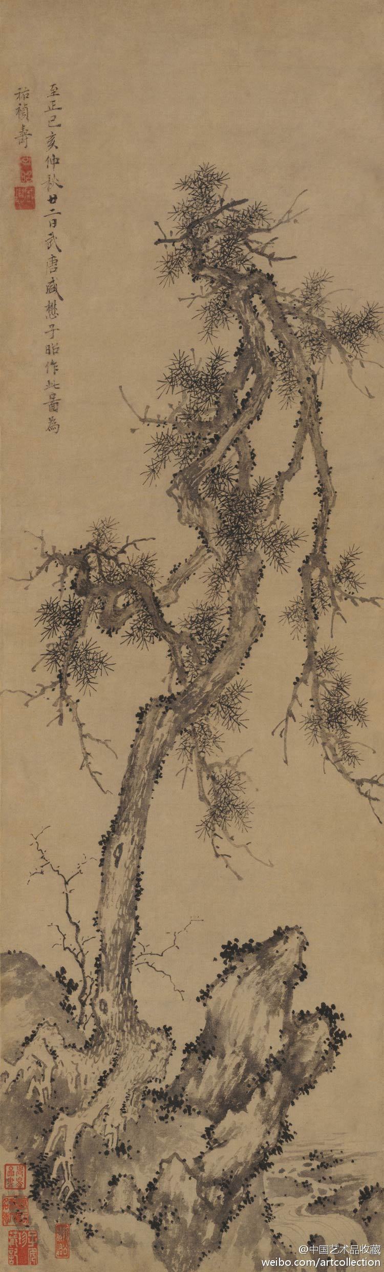 #水墨画#【 元 盛懋 《松石图》 】立轴，纸本，77.4×27.2cm，北京故宫博物院藏。 此图是一幅为人祝寿的作品。图绘一株古松，几乎占据了整个画面，上端枝干下垂，松针细劲，树下绘山坡秀石，溪水流淌，衬以荆棘。画法工稳，笔墨苍劲浑厚，隐隐透露出刚猛之气魄，又不乏水墨滋润洒脱之风神。