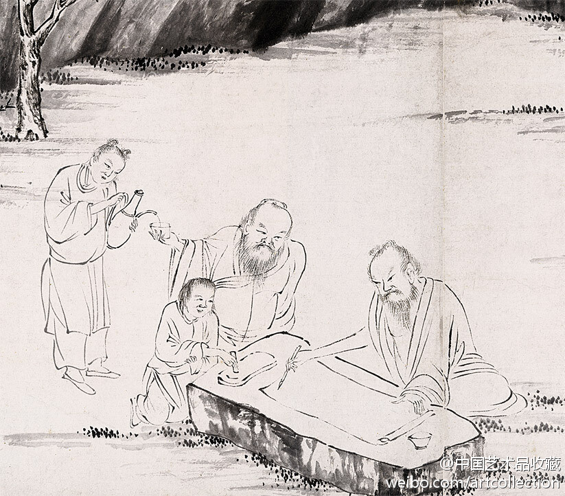 #明四家#【 明 唐寅 《临李公麟饮中八仙图》 】卷，纸本，31.9×994.5cm，辽宁省博物馆藏。此卷为唐寅临摹宋代画家李公麟的《饮中八仙图》。画中白描绘三十五位人物，以郊外山林为背景，各具神态。衣纹线条用笔柔中带刚，静中似动，每位人物神情意态的刻画生动逼真，山石树木笔墨浓淡的烘染亦极见功夫。