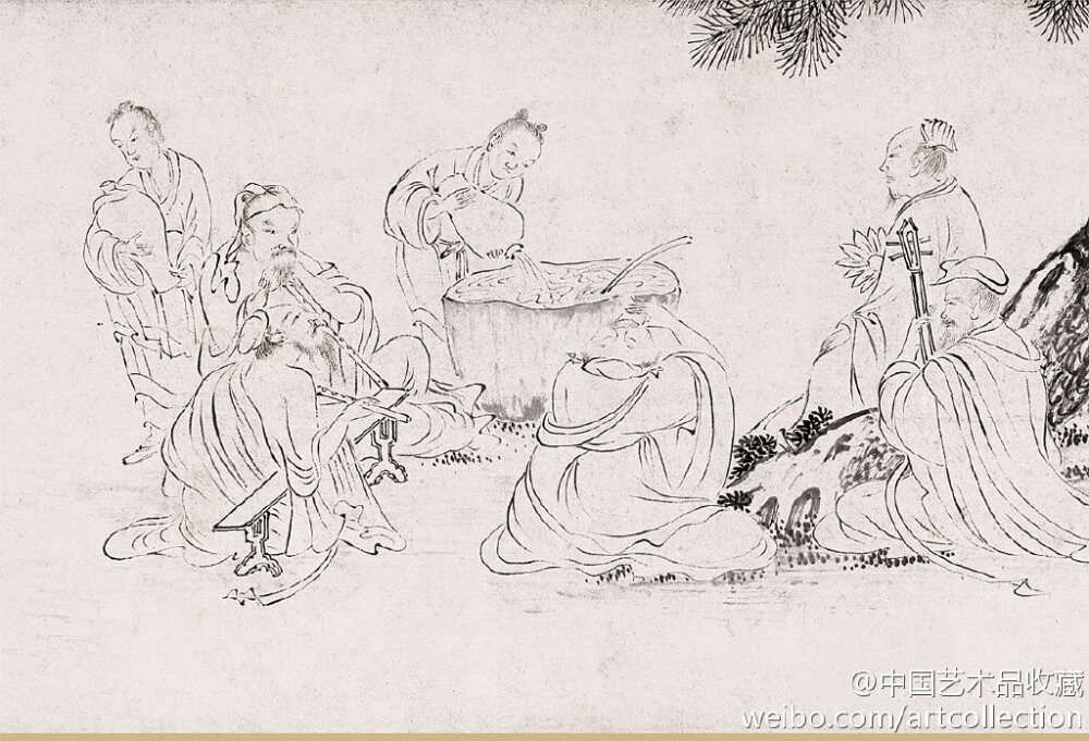 #明四家#【 明 唐寅 《临李公麟饮中八仙图》 】卷，纸本，31.9×994.5cm，辽宁省博物馆藏。此卷为唐寅临摹宋代画家李公麟的《饮中八仙图》。画中白描绘三十五位人物，以郊外山林为背景，各具神态。衣纹线条用笔柔中带刚，静中似动，每位人物神情意态的刻画生动逼真，山石树木笔墨浓淡的烘染亦极见功夫。