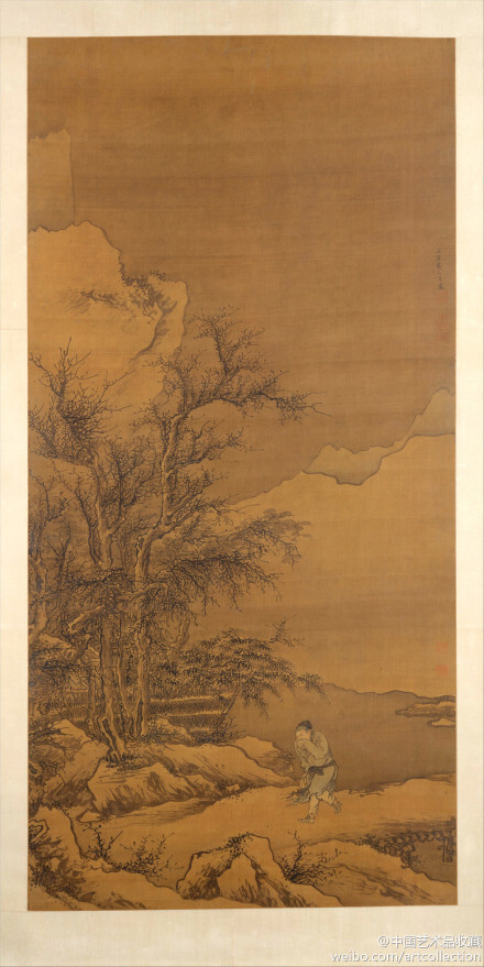 #浙派#【 明 戴进 《雪寒归家图》 】轴，绢本，水墨淡彩，167.6×82.6cm，美国纽约大都会艺术博物馆藏。 又名《涉水返家图》。画面描绘的生动而细致，人物的神情动态自然而传神。在画法上，显示出画家对于南宋画风的继承和发展，用笔简劲。墨色清雅，风格独特。