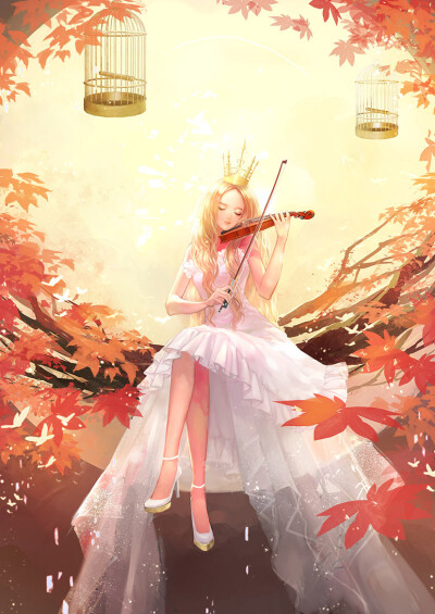 小提琴 精灵 女王 红枫树 鸟笼 王冠 白纱衣 二次元