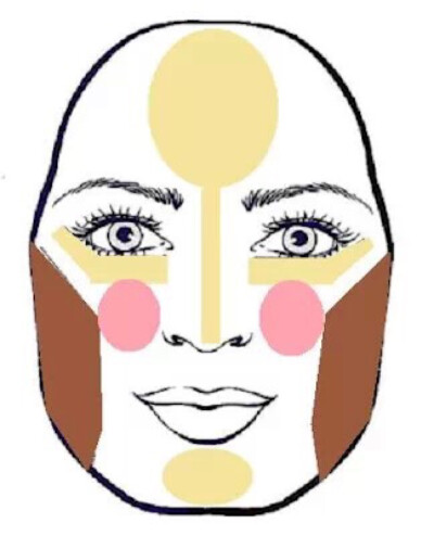 三角脸 这种脸型的特点是下巴很宽，这就需要将阴影打在下巴处来缩小视觉感，高光打在脸部中间，只在颧骨处扫腮红就ok~（黄色为高光区域，粉色为腮红区域，咖色为阴影区域）