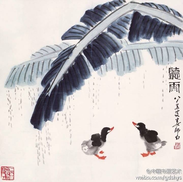 【 娄师白《听雨》 】 娄师白先生作品有齐白石风格，为“齐派”重要传人，他继承了齐白石艺术技法特色，并有所创新，画作简练中有种生机勃勃的感觉，尤以画小鸭子著称。