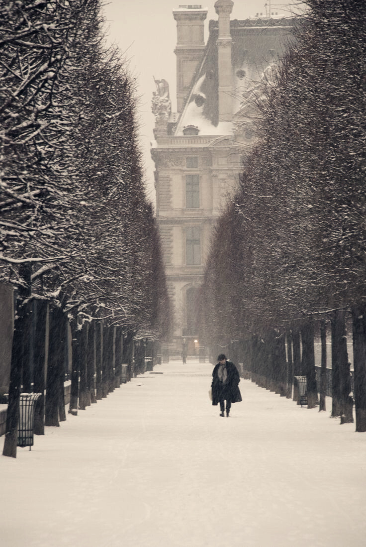 A snowy path in front of the Louvre, Paris, France。法国巴黎卢浮宫前的雪中小径。