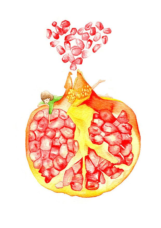 水彩 涂鸦 石榴 女孩