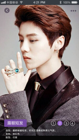 美一次发型：露额短发 造型：露额微翘短发，时尚又透着成熟男士气质 发色：棕红色 脸型：任意
