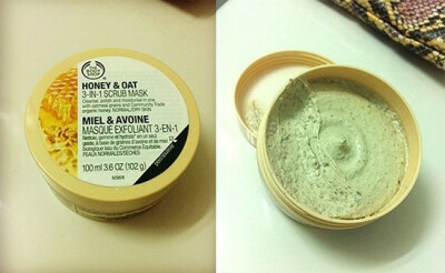 【THE BODY SHOP Honey&Oat 3-in-1 scrub mask】蜂蜜燕麦三合一功效的面膜，清洁滋润美白，味道超级治愈，触感很好，而且我最喜欢他洗掉一点都不干很滋润，是肯定会回购的产品！