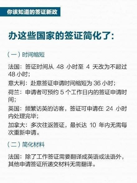 【超实用签证新政 爱旅行的你不能错过！】①中国赴美签证放宽：留学签证期限5年、商旅期限10年；②日本将放宽中国个人游客多次入境签证发放条件；③圣马力诺、韩国（济州岛）等12国（地区）对中国免签，马尔代夫、埃及等可“落地签”……超实用签证办理新政，旅行计划早点做起来～【转自微博】