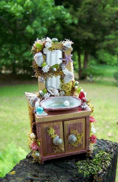 Dollhouse Miniature Fairy Sink Cabinet by Sherry of 19th Day Miniatures. $40.00, via Etsy.