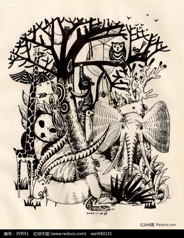 插画动物与树林黑白手绘
