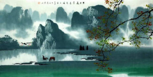 图为张泉踪的彩墨桂林山水图。图中水汽缭绕，马匹在饮水，“万籁都浑然一梦，有什么比澈底的静更加耐听呢？”