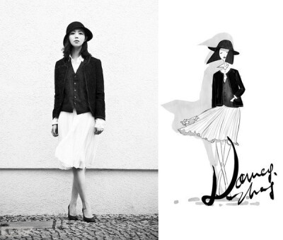 小黑夹克来自Chanel,马甲是vintage，衬衣和百褶裙均来自Hugo Boss Black,中跟鞋Dries van Noten.