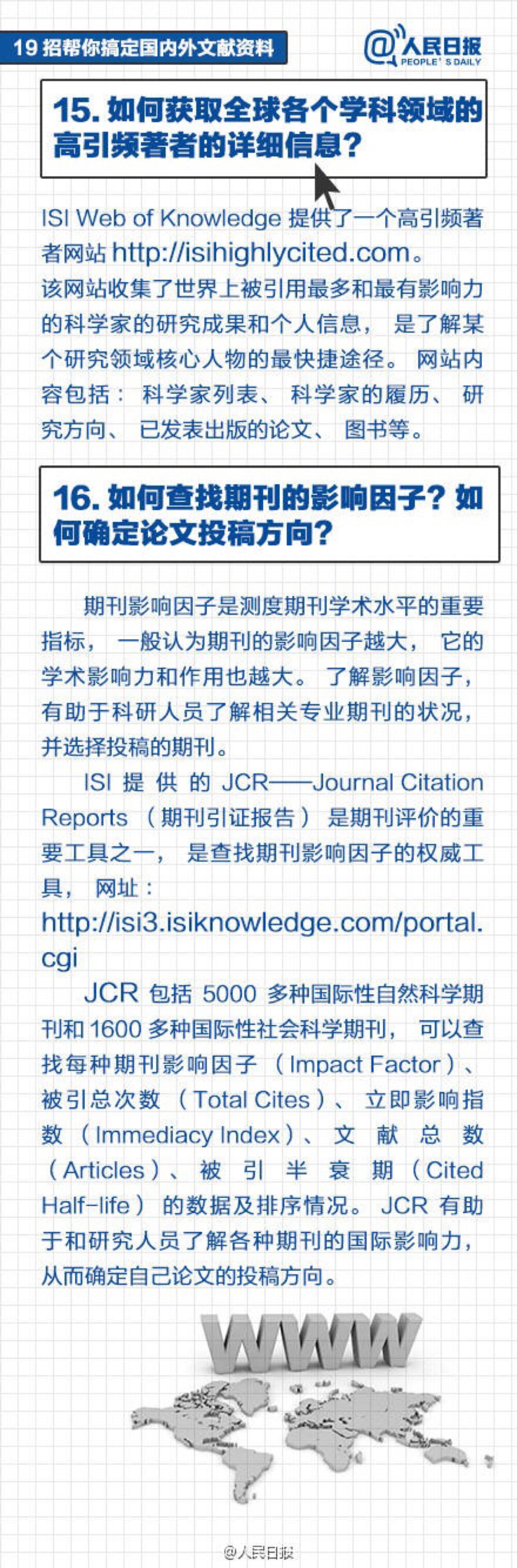 【文献怎么读？】①先看综述，迅速了解研究领域；②有针对地选择文献：关键词、主题词检索；检索某个作者；参考综述检索；③如何阅读文献：注重摘要；通读全文；归纳总结（英文文献注意确立句子架构）；增加阅读量，由量变到质变；④提高阅读效率：集中时间看文献；做好记录和标记。