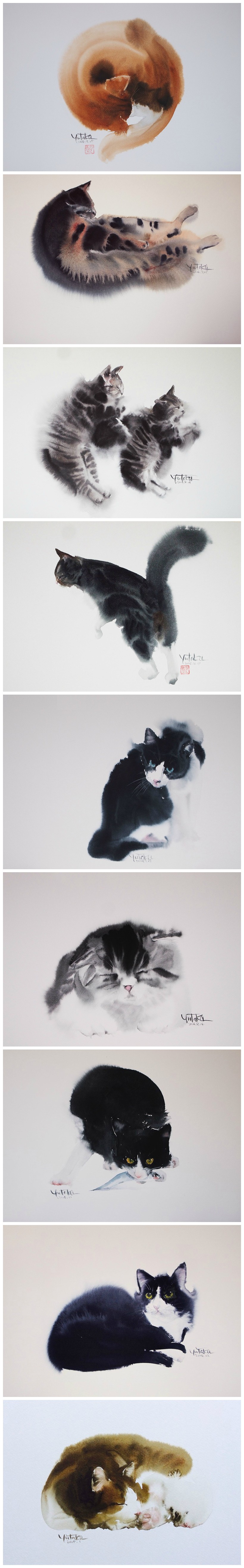 猫。作者：村上豊 水墨画 国画 宠物