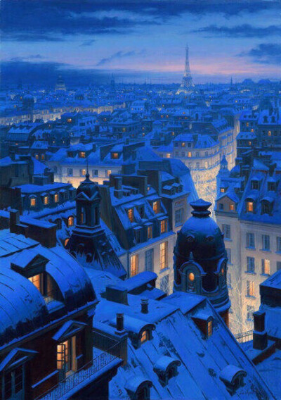 ipone墙纸 欧洲城市的雪夜。（俄罗斯画家Evgeny Lushpin）