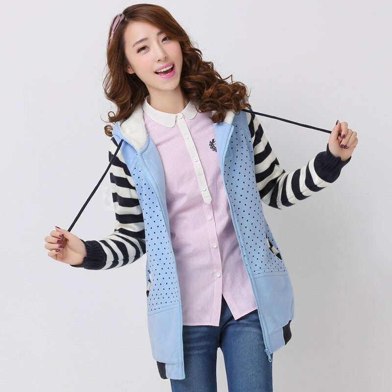 朴素2015春装 中学生韩版波点条纹修身长袖连帽开衫卫衣外套