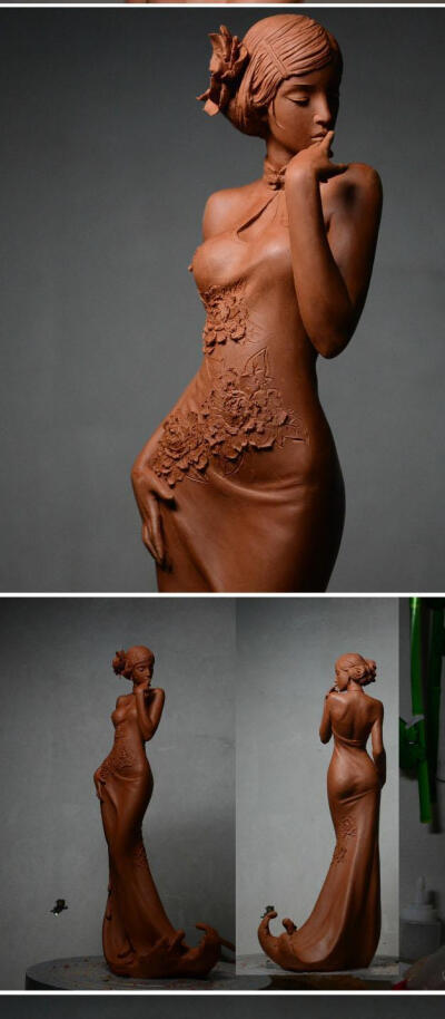 原创紫砂雕塑，旗袍系列之--牡丹