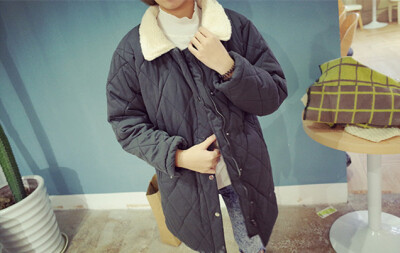 冬季 韩国实物羊羔毛领毛呢菱格棉服 密实保暖黑色军绿色棉衣