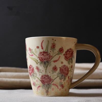 出口美国LANG田园风咖啡马克杯奶茶杯大容量厚实 玫瑰