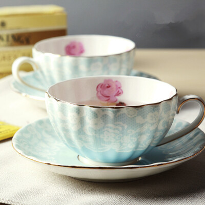 蕾丝玫瑰 英式红茶杯碟套装欧式咖啡杯 优雅金边高贵 田园风 粉蓝