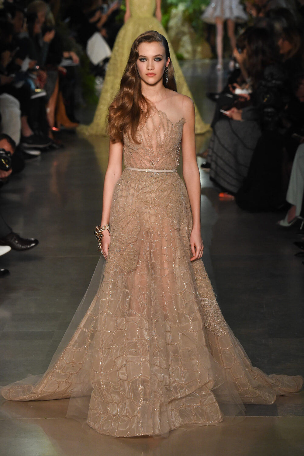 Elie Saab Spring 2015 Couture。艾莉·萨博2015春夏巴黎高级定制时装周在一片片绿色植被花丛中拉开帷幕。本季，以“忧伤的挽歌”向家乡贝鲁特致敬，Elie Saab以“花”为主题，重笔墨于轻盈的流苏与立体花朵装饰之上，结合他对美的深刻理解，用亮片刺绣点缀于薄纱中，轻绢曼纱、珠罗蕾丝，宛若花仙精灵，美得令人窒息。